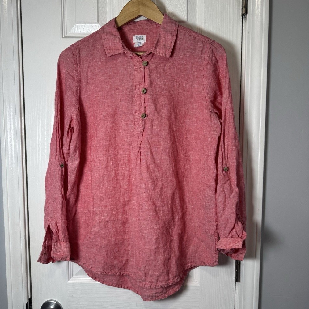 Sigrid‎ Olsen 100% Linen Coral Button-Down Long Sleeve Shirt Womens Small